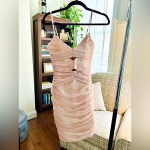 NWT Lulu’s Pink Ruched Polka Dot Mesh Mini Dress Cutout Size S